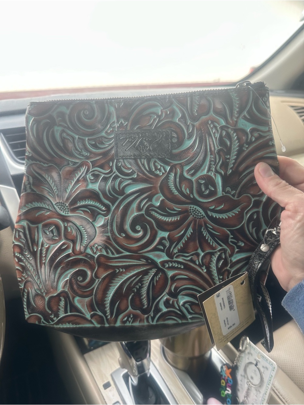 Tooled Floral Leather Wristlet Clutch - Turquoise Brown